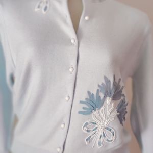 Vintage Baby Blue Cardigan with hand-sewn floral & festive embellishments